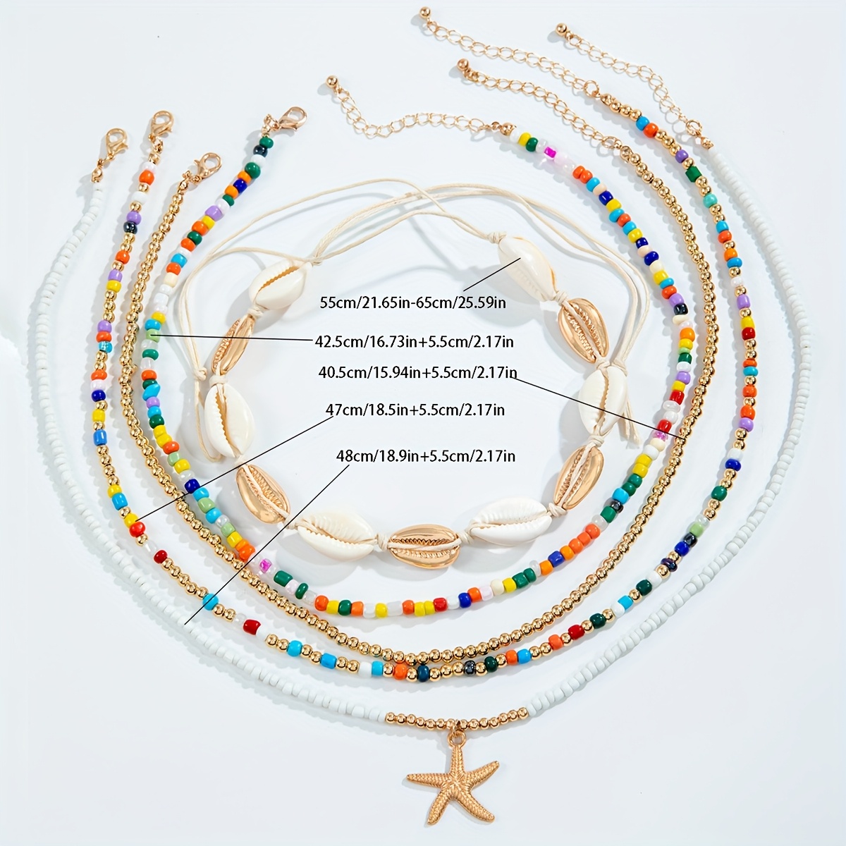 5pcs Starfish Necklace Set & Colorful Bead String Necklace for Ramadan